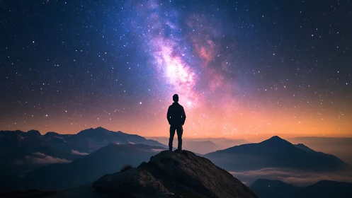 Silhouetted observer against high-contrast Milky Way panorama.