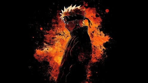 Side-lit ninja silhouette against explosive orange splatter field