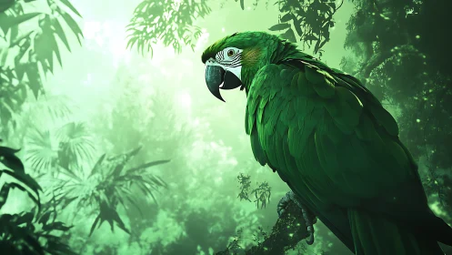 High-saturation digital macaw rendered in misty rainforest depth