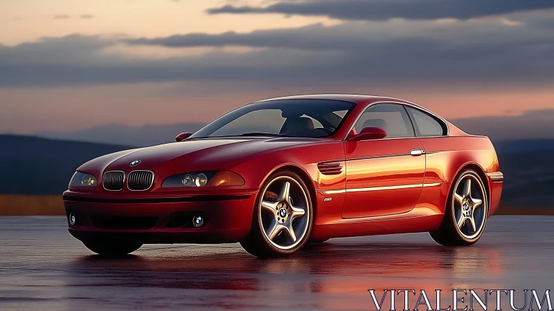 Red BMW coupe on wet pavement at dramatic sunset horizon.