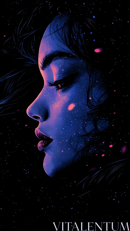 Neon-lit celestial female profile rendered with granular cosmic texture