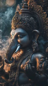 Detailed elephant-headed deity statue in side profile view.