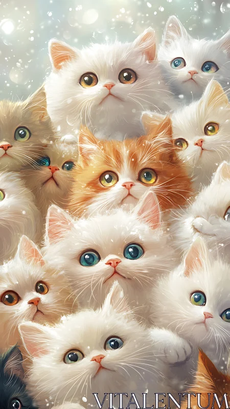 Multiple domestic cat faces in clustered arrangement with varied coloring.