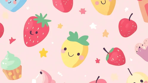 Smiling fruit friends dancing across a pastel candy sky.
