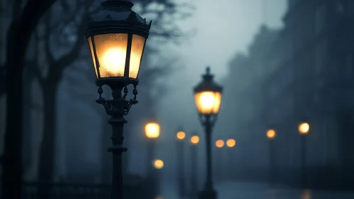 Foggy streetlamps with warm bokeh in nocturnal cityscape.