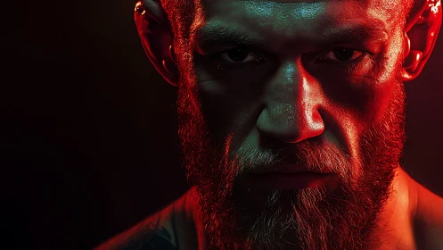 Brooding fighter’s gaze drenched in bold red light.