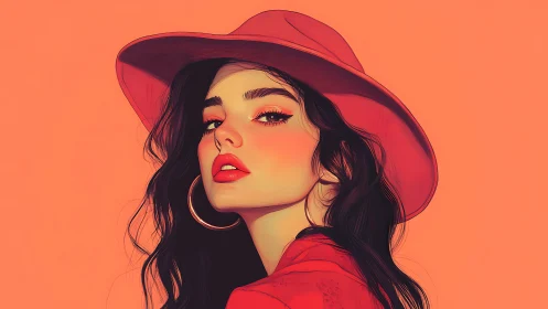 Woman in red hat looks over shoulder on coral background