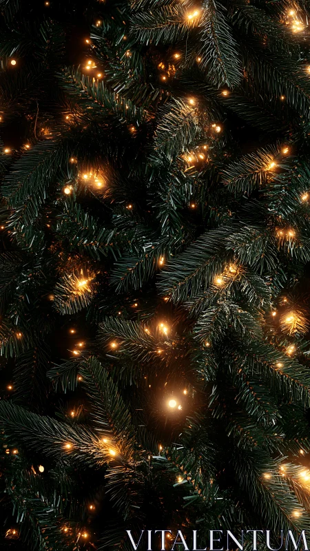 Dense evergreen foliage contains dispersed warm light points