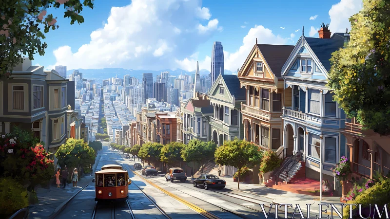 Sunlit hilltop streetcar gliding through painted city dreams.