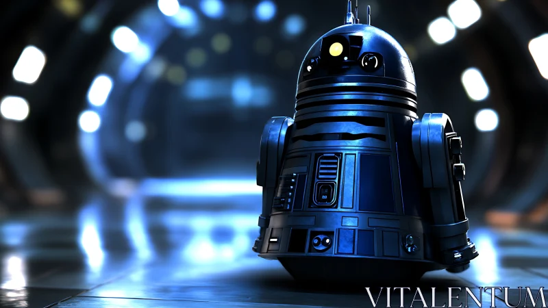 Curious little space droid glowing softly in a neon corridor.