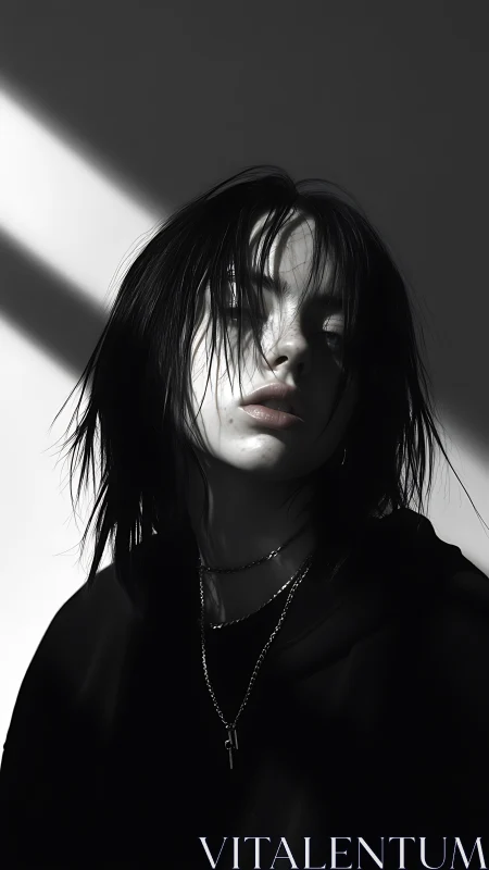 Monochrome raking-light portrait with high-contrast chiaroscuro.