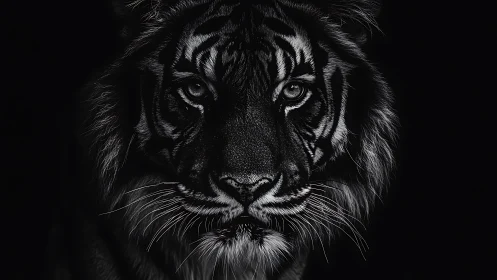 Midnight tiger stares through darkness with silver-fire gaze.