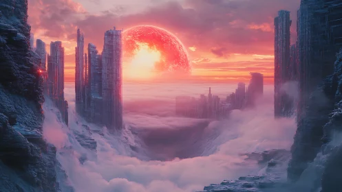 Glowing red planet over fog-filled alien canyon with monolithic towers