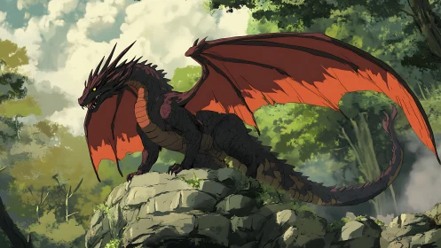 Crimson forest dragon spreads blazing wings on cliffs