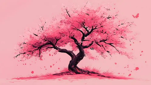Twin-hearted cherry tree leans into a storm of pink petals