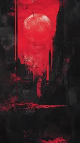 Crimson planet rises over fractured black void.