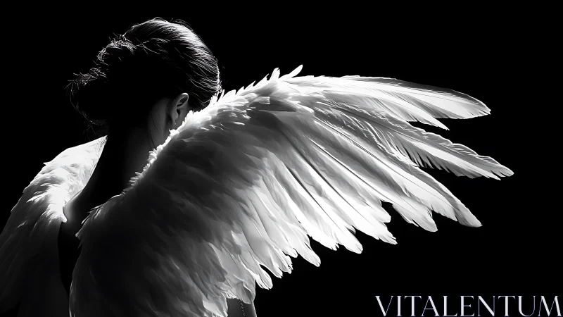 Backlit woman with large white feathered wings in profile