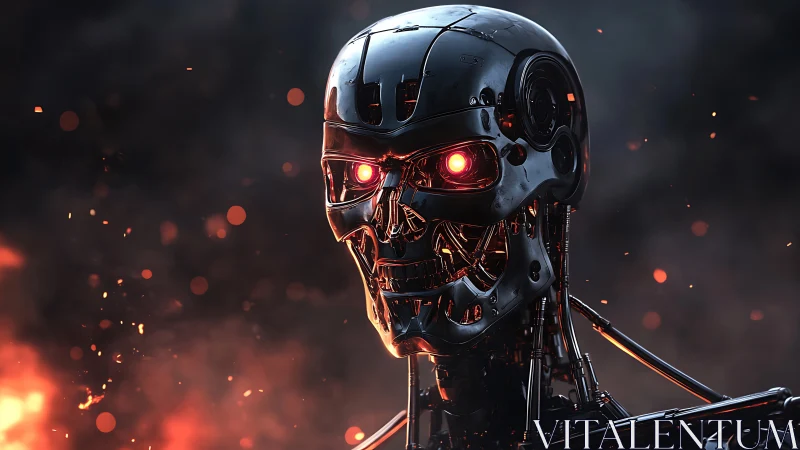 Battle-scarred killer robot skull glows in burning embers.