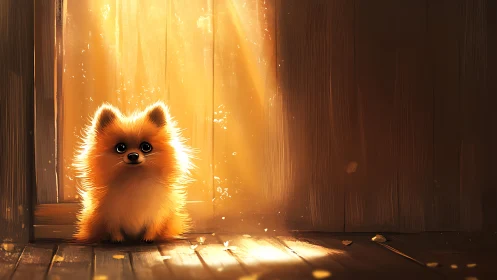 Golden light surrounds fluffy puppy in wooden doorway.