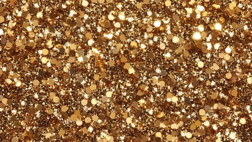 Dense gold glitter surface with reflective circular particles.