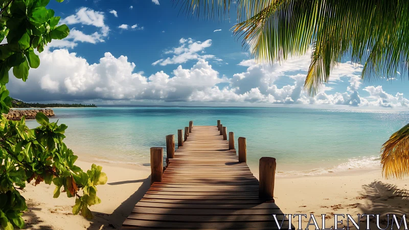 Wooden pier extending into turquoise tropical waters under blue sky.