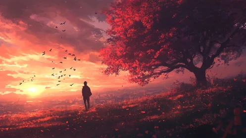 Sunset wanderer pauses beneath a glowing red autumn tree