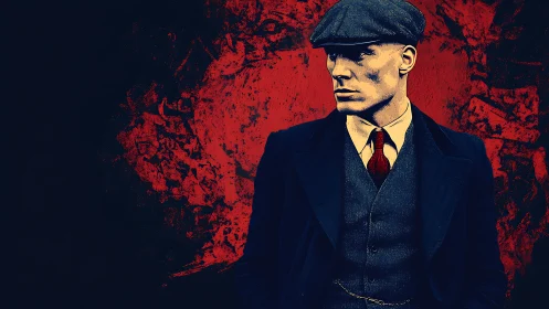 Man in vintage suit and cap stands before red textured wall