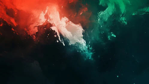 Nebulous red and teal cosmic clouds merge over dark void