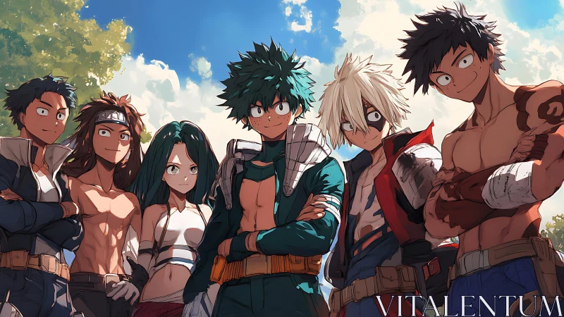 Heroic anime squad stands united under bright summer sky.