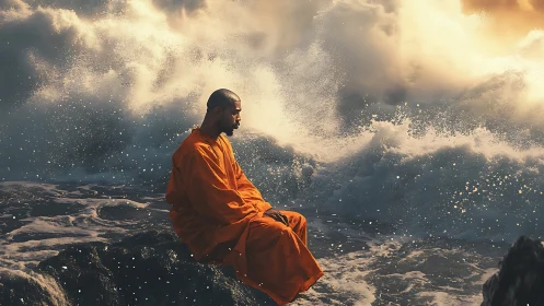 Monk in orange robes meditating before turbulent ocean waves.