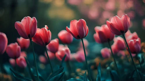 Red Tulips in Soft Focus Spring Garden.