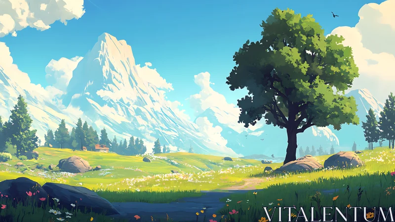 Sunlit alpine valley with stylized tree, meadow and snowy peaks