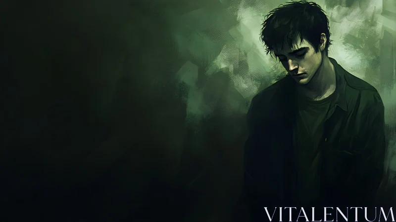 Brooding male portrait in desaturated green digital painting.
