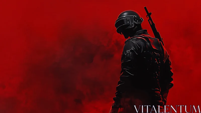 Armored tactical figure with rifle in red smoke field.