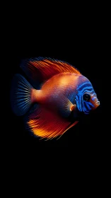 Neon angelfish profile with blazing fins on black field.