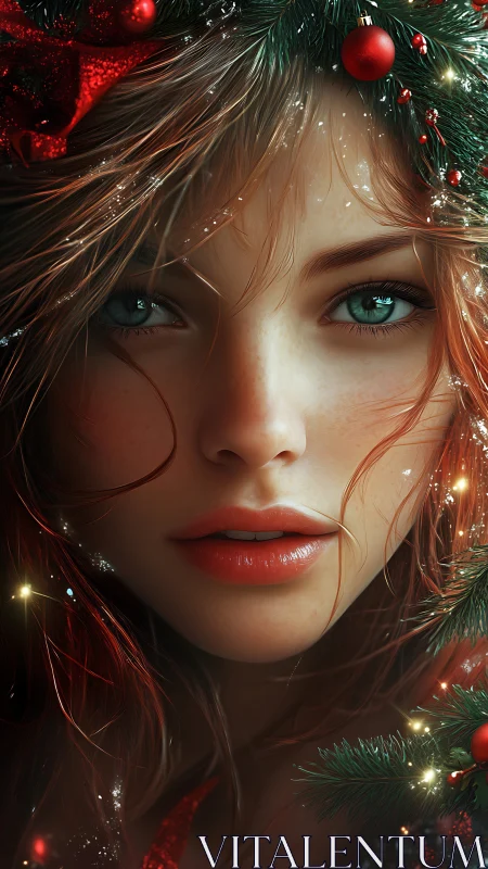 Red haired woman with Christmas wreath and soft lighting.