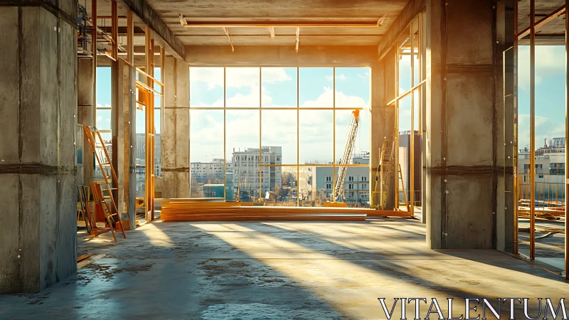 Unfinished high-rise interior with city views and construction equipment.