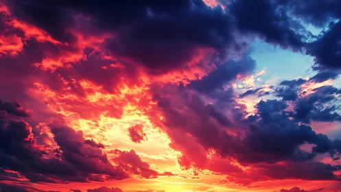 Fiery sunset sky ignites dense storm clouds with color contrast