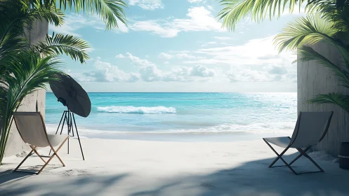 Minimalist tropical beach lounge under palm shade at noon.