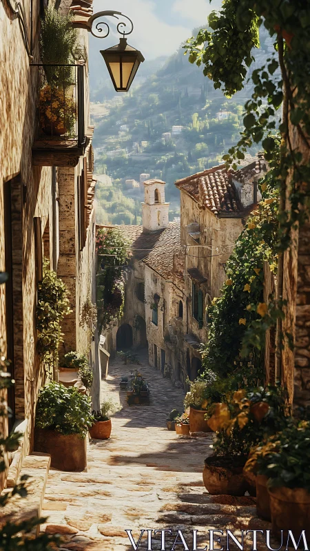 Sunlit Italian alley overlooks distant green valley