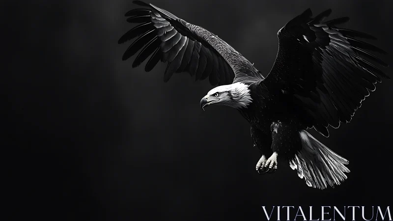 Majestic bald eagle in flight, dramatic black and white photography.