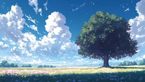 Solitary meadow giant under storybook oceans of sky.