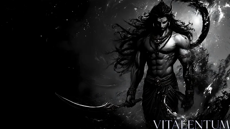 Stormlit warrior god walks through swirling midnight tide.