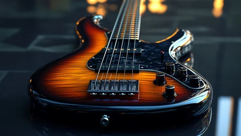 Electric bass guitar on reflective surface in low light.