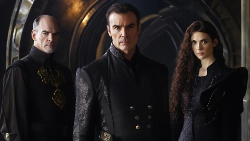 Regal trio standing in dark, elegant futuristic fashion.