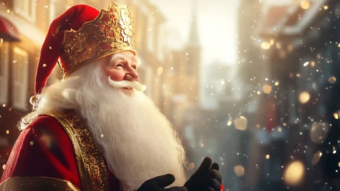 Santa figure in ornate red and gold attire in snowy street.