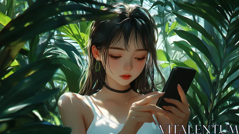 Digital daydreamer texting softly beneath lush jungle leaves.