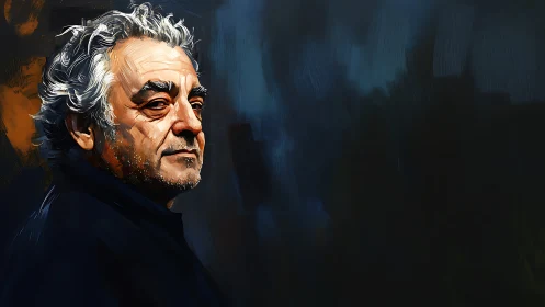 Older man in profile against dark abstract background.