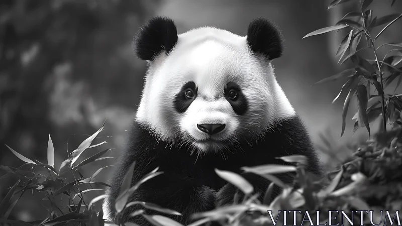 Giant panda sitting quietly among dense bamboo foliage.