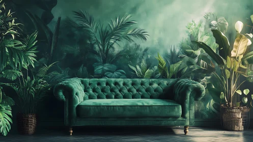 Emerald velvet sofa in immersive botanical interior environment.